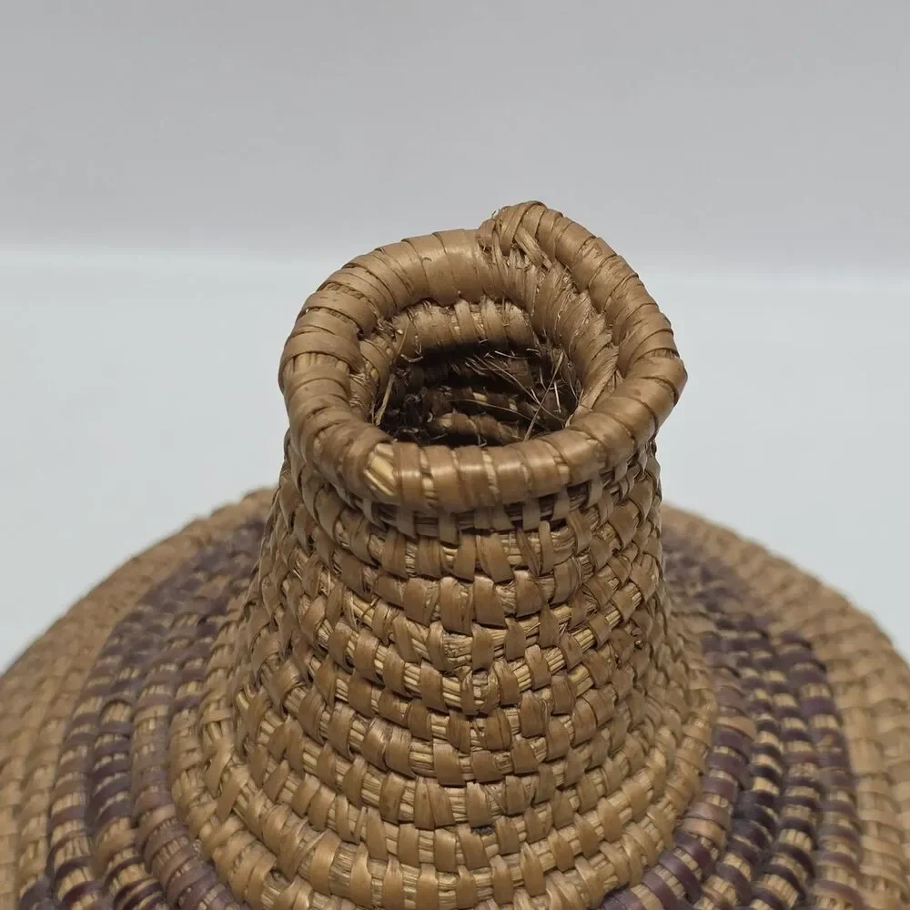 Vintage Eskimo Inuit Native American Lidded Coiled Basket Rue Grass Handwoven